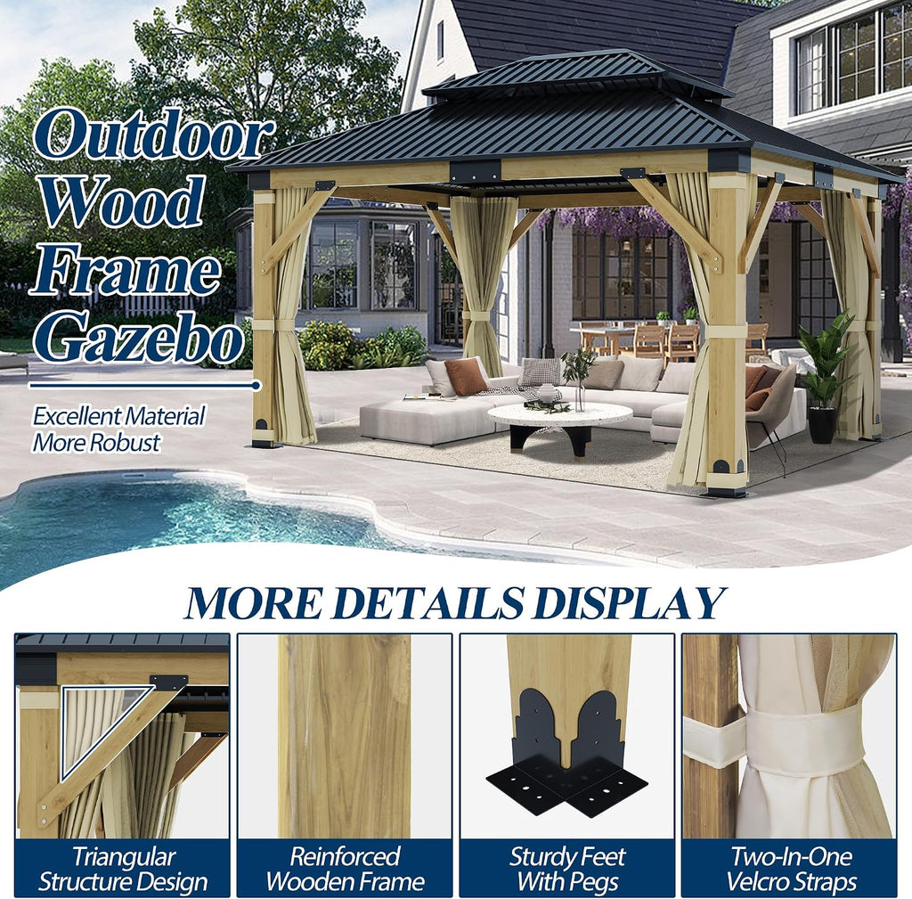 COVERONICS 11FT x 13FT Outdoor Wood Gazebo - Patio Wooden Gazebo with Galvanized Steel Hardtop, Heavy-Duty Double Roof Gazebos with Netting & Curtains for Garden, Poolside, Deck, Backyard