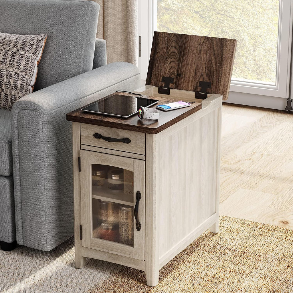LINSY HOME Farmhouse End Table with Charging Station, Narrow Side Table for Living Room, Sofa Side Table with Drawer and Storage Cabinet, Small Nightstand for Home Office