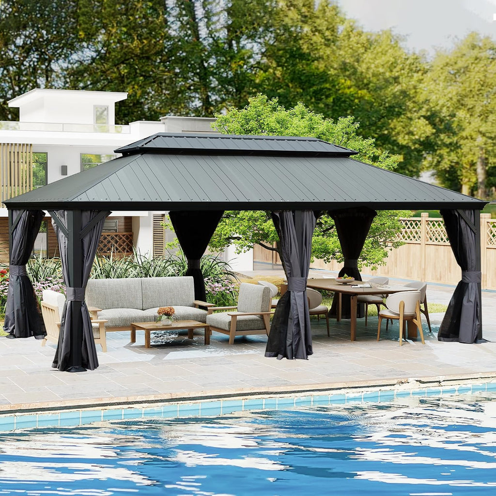 Domi 14' X 20' Hardtop Gazebo, Upgraded Metal Gazebo with Dual-Layer Resin Roof, Drainage System, Curtain and Netting, Outdoor Shelter Canopy for Patio, Garden, and Backyard, Grey