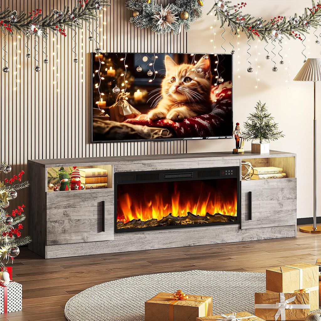 Tavata Fireplace TV Stand Entertainment Center with 36' Fireplace, 70' Wooden TV Console for TVs Up to 80', Modern TV Stands for Living Room with High Gloss Storage Cabinet and LED Lights (Grey)