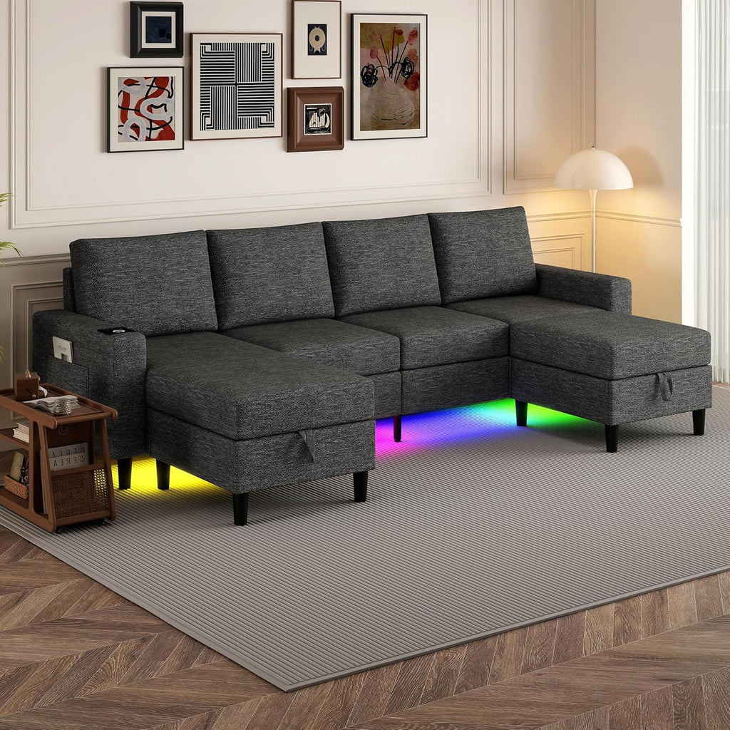 Sectional Couches for Living Room, 4 Seat Sectional Sofa with Smart Module-Wireless Charging/USB/Type-C/RGB Light, U Shaped Couch with Reversible Chaise Lounge/Storage Ottoman (Dark Grey)