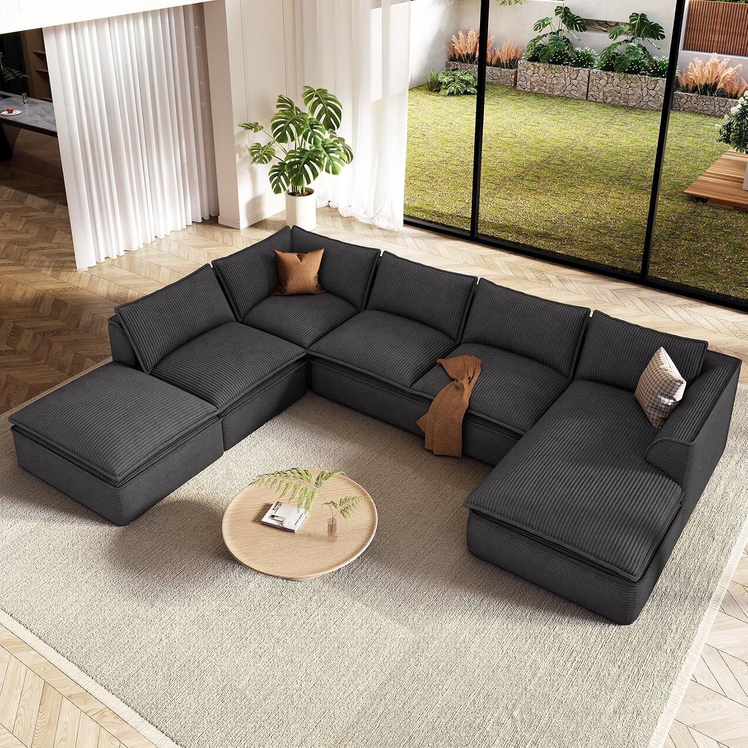 Vesgantti 141.7' Oversized Boneless Sectional Couch, Modern 7 Seater Modular Sofa with Chaise & Ottoman, Deep Seat Convertible Corduroy Cloud Couches for Living Room, No Assembly Required, Black