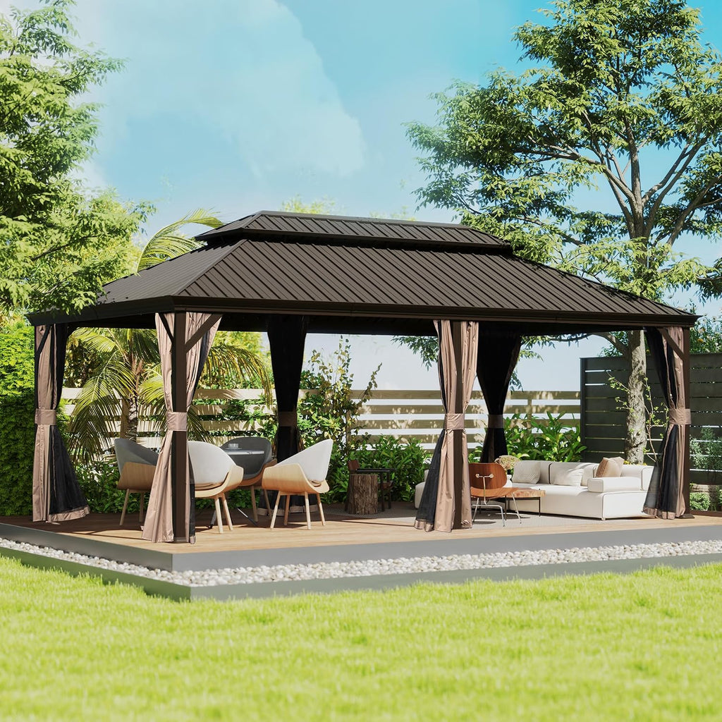 Domi 12' X 18' Hardtop Gazebo, Upgraded Metal Gazebo with Drainage System, Dual-Layer Galvanized Steel Roof, Curtain and Netting, Outdoor Shelter Canopy for Patio, Garden, and Backyard, Brown