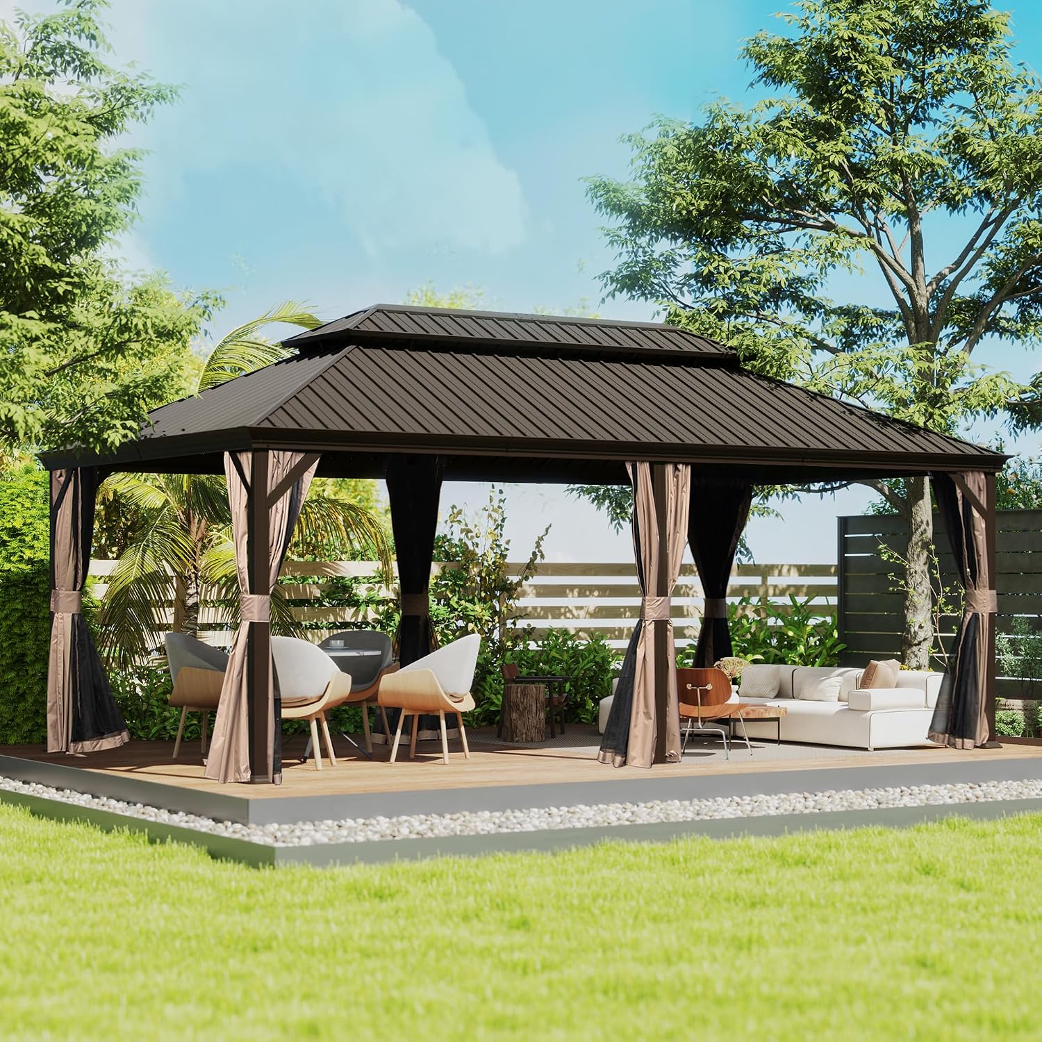 Domi 12' X 18' Hardtop Gazebo, Upgraded Metal Gazebo with Drainage System, Dual-Layer Galvanized Steel Roof, Curtain and Netting, Outdoor Shelter Canopy for Patio, Garden, and Backyard, Brown
