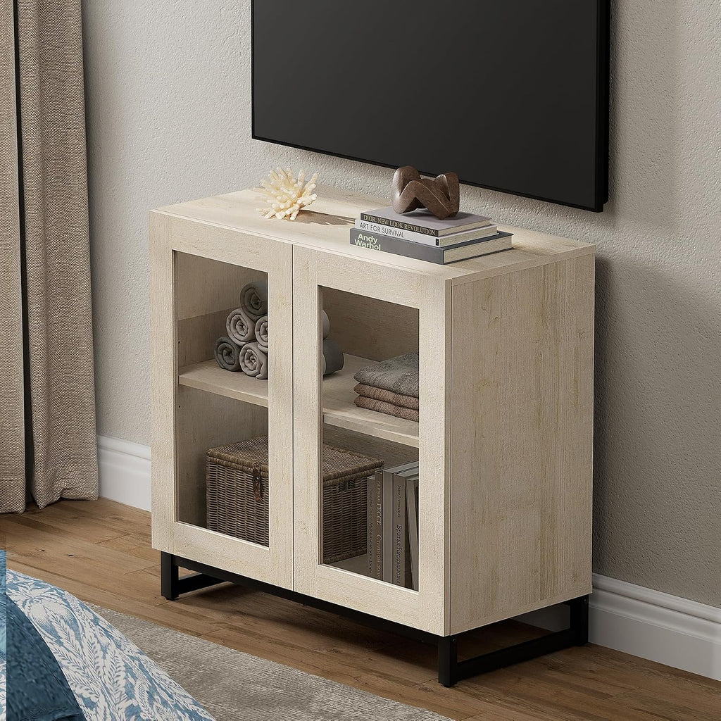 WAMPAT Modern TV Stand with Glass Doors for 26-40 inch TVs, Entertainment Center Console with Adjustable Shelves and Metal Base for Living Room, Bedroom, Beige