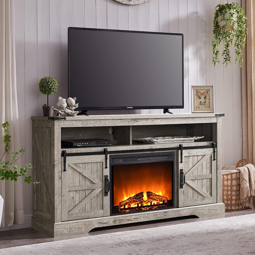 OKD Fireplace TV Stand for 65+ Inch TV, 33' Tall Highboy Farmhouse Entertainment Center w/ 23'' Electric Fireplace, Rustic Media Console w/Sliding Barn Door for Living Room, Light Rustic Oak