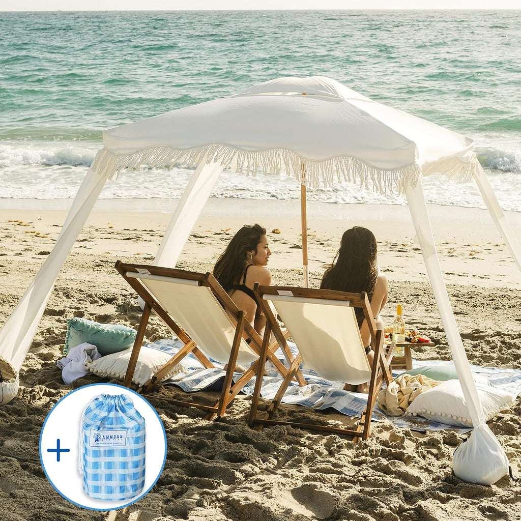 AMMSUN Beach Cabana with Beach Blanket, 7' x 7' Boho Canopy with Tassels, Premium Wood Pole, Fringe Cabana Tent with Sand Pockets, Instant Sun Shade for Sand, Garden, Outdoor, Elegant White
