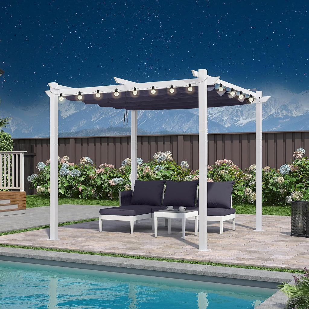 PURPLE LEAF 10' x 10' Outdoor Aluminum Pergola White Heavy-Duty Retractable Pergolas Patio Metal Pergola with Double Sun Shade Canopy and Light for Backyard Gardens Deck, Navy Blue
