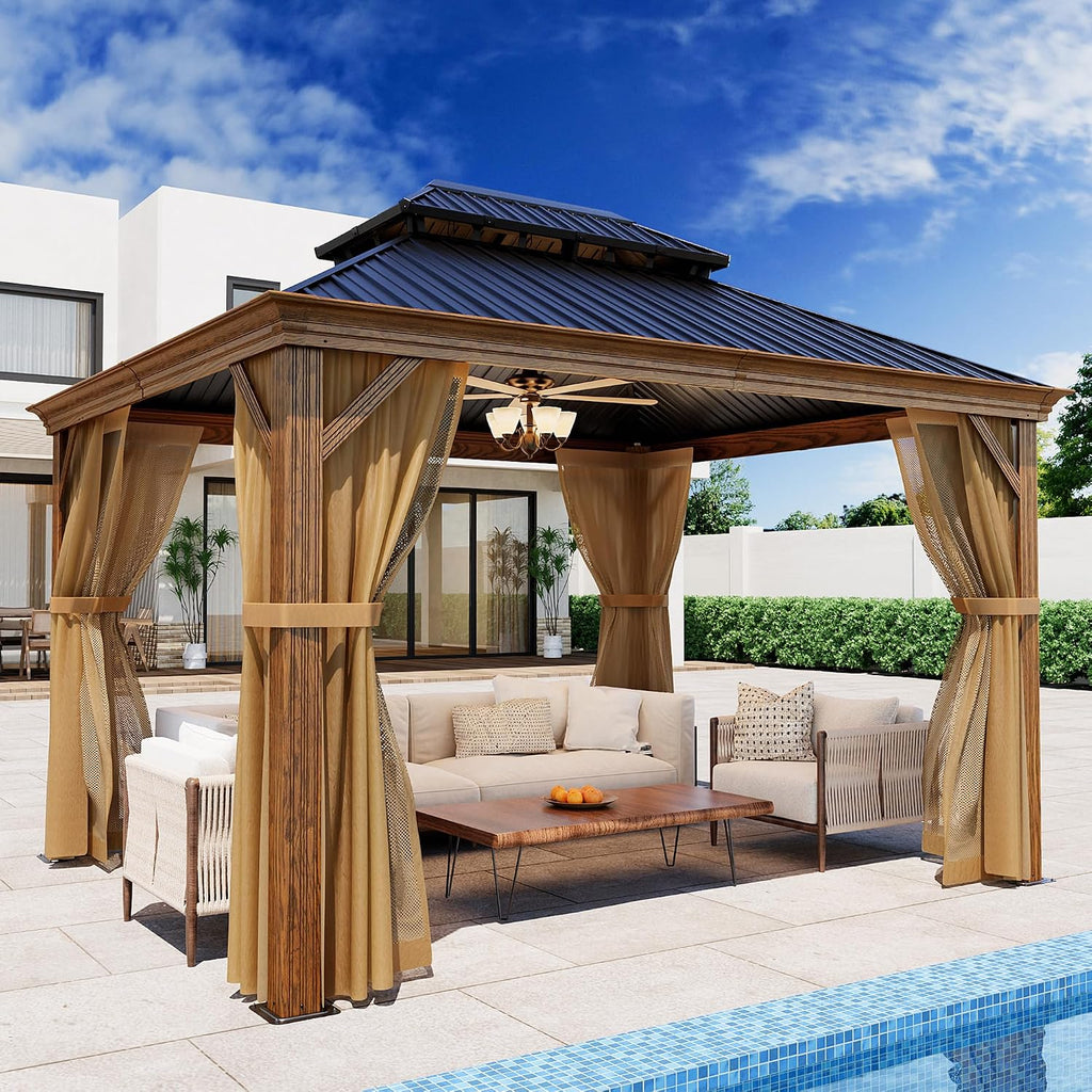 SUNBURY 10'x 12' Hardtop Gazebo, Double Roof Metal Gazebo, Outdoor Aluminum Frame Gazebos with Mosquito Netting and Privacy Screen for Patio, Backyard, Lawn, Garden, Deck, Wooden Look (Black Walnut)