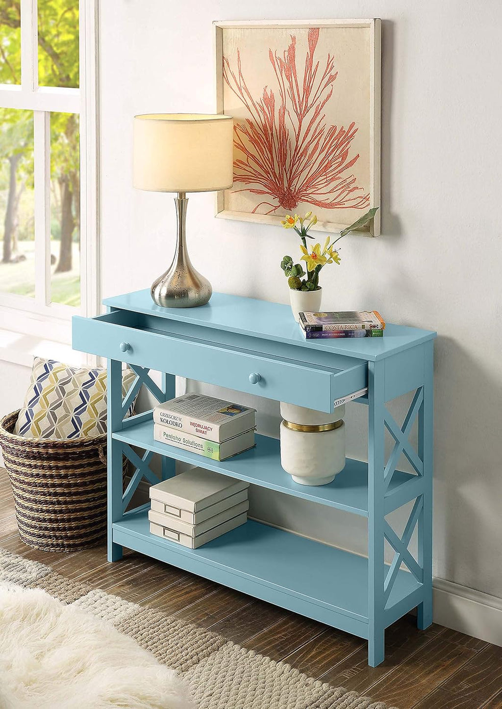 Convenience Concepts Oxford 1-Drawer Console Table 39.5' - Farmhouse Sofa Display with Storage Shelf For Living, Family, & Dining Room, Modern Entryway Hall Table for Kitchen, Bedroom, Sea Foam Blue