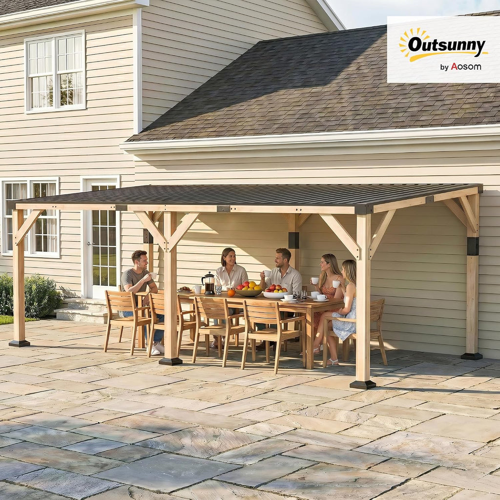 Outsunny 10' x 20' Wooden Gazebo, Hardtop Lean-to Gazebo Pergola with Galvanized Steel Sloped Roof, Large Heavy Duty Awning for Patio, Deck, Backyard, Light Walnut