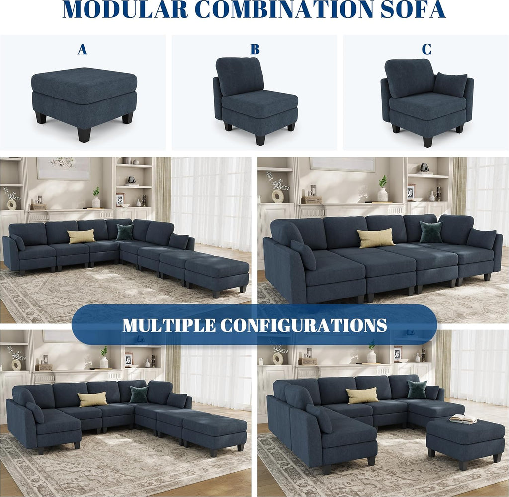 Sectional Sleeper Sofa, 8 Seaters Modular Sleeper Sofa Couch, Comfy Sectionals Couches Bed, Convertible Sofas with Ottomans, Modular Sectional Couches for Living Room, Blue