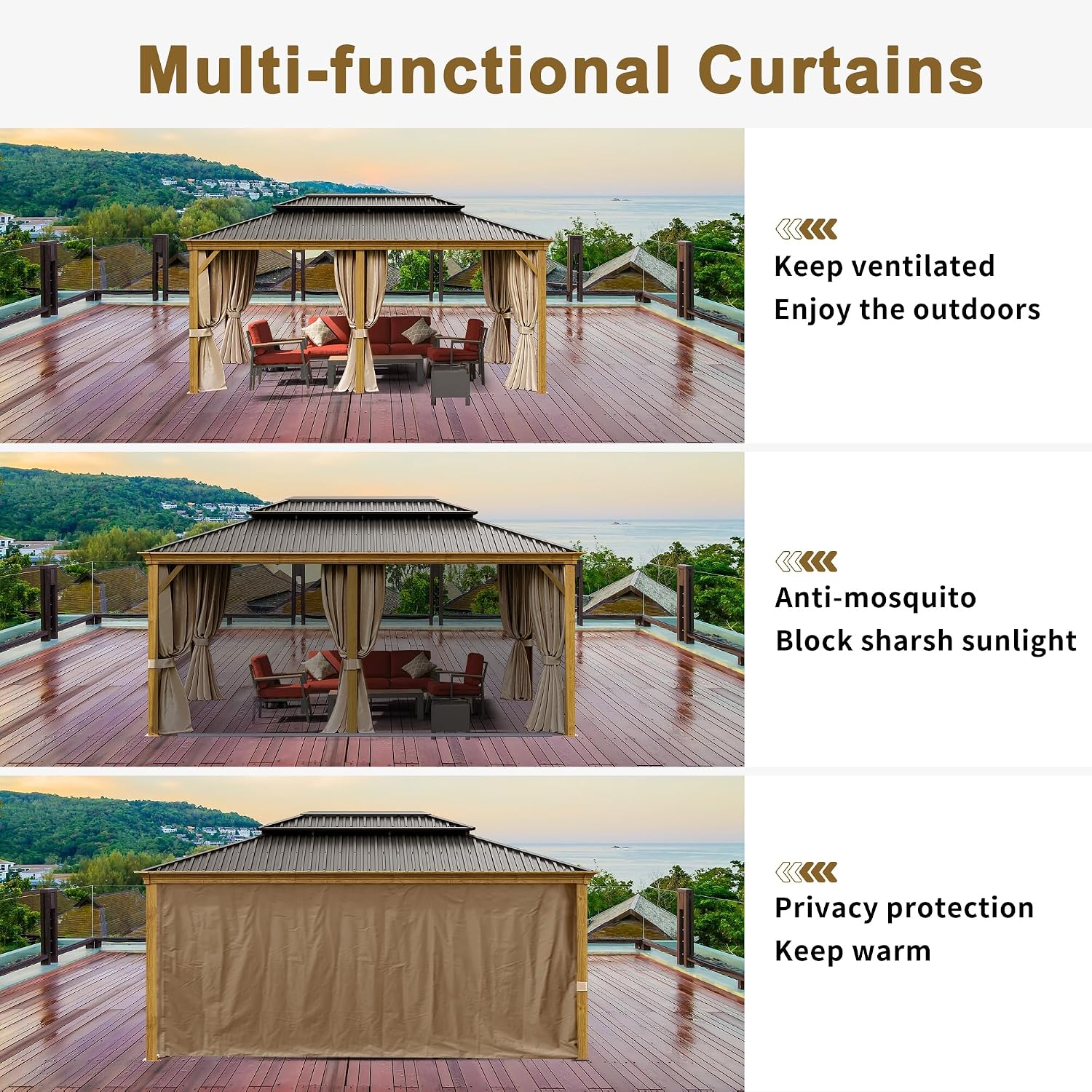 12x20ft Hardtop Gazebo, Wooden Finish Coated Aluminum Frame Canopy with Galvanized Steel Double Roof, Outdoor Permanent Metal Pavilion with Curtains & Netting for Garden, Brown (Wooden 12x20 Ft)