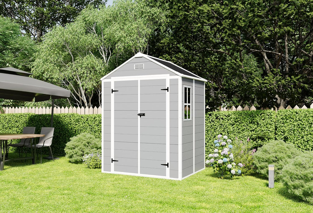 YOPTO 6x5 FT Resin Storage Shed,Garden House with Floor & Lockable Door,Waterproof Plastic Tool Sheds W/Slanting Roof Visual Window & Air Vents for Bicycles,Lawnmowers,Lawn,All Weather Use,Gray