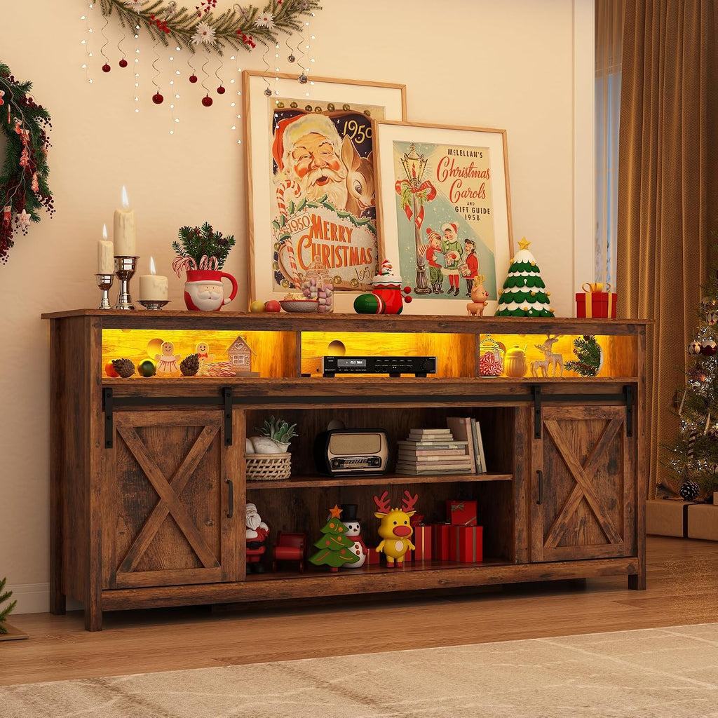 57' LED Farmhouse TV Stand for 65/60/55 Inch TVs,Tall Entertainment Center Storage Cabinets w/Power Outlets and Sliding Barn Door,Rustic TV Stands for Living Room,Media Console Cabinet (Brown)