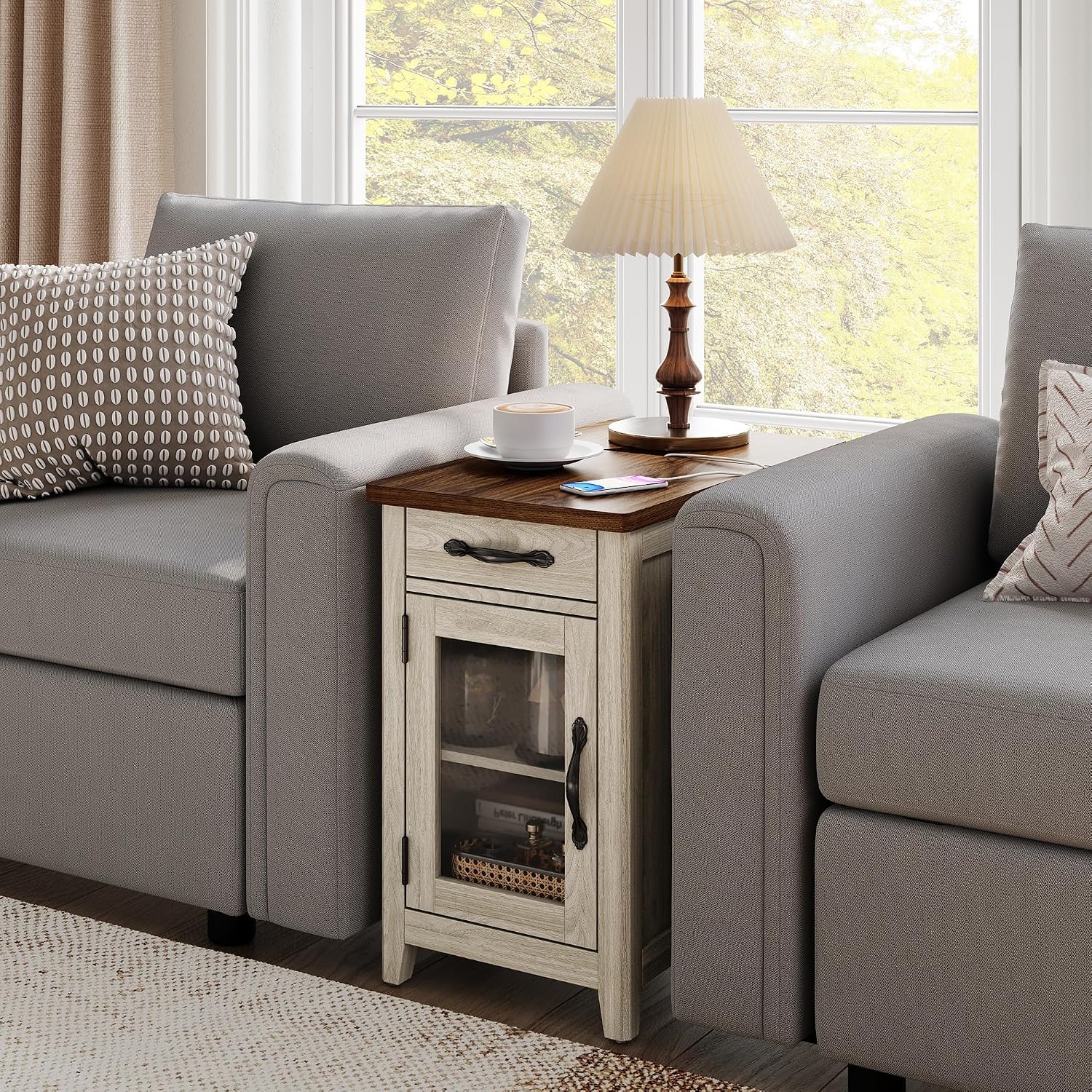 LINSY HOME Farmhouse End Table with Charging Station, Narrow Side Table for Living Room, Sofa Side Table with Drawer and Storage Cabinet, Small Nightstand for Home Office