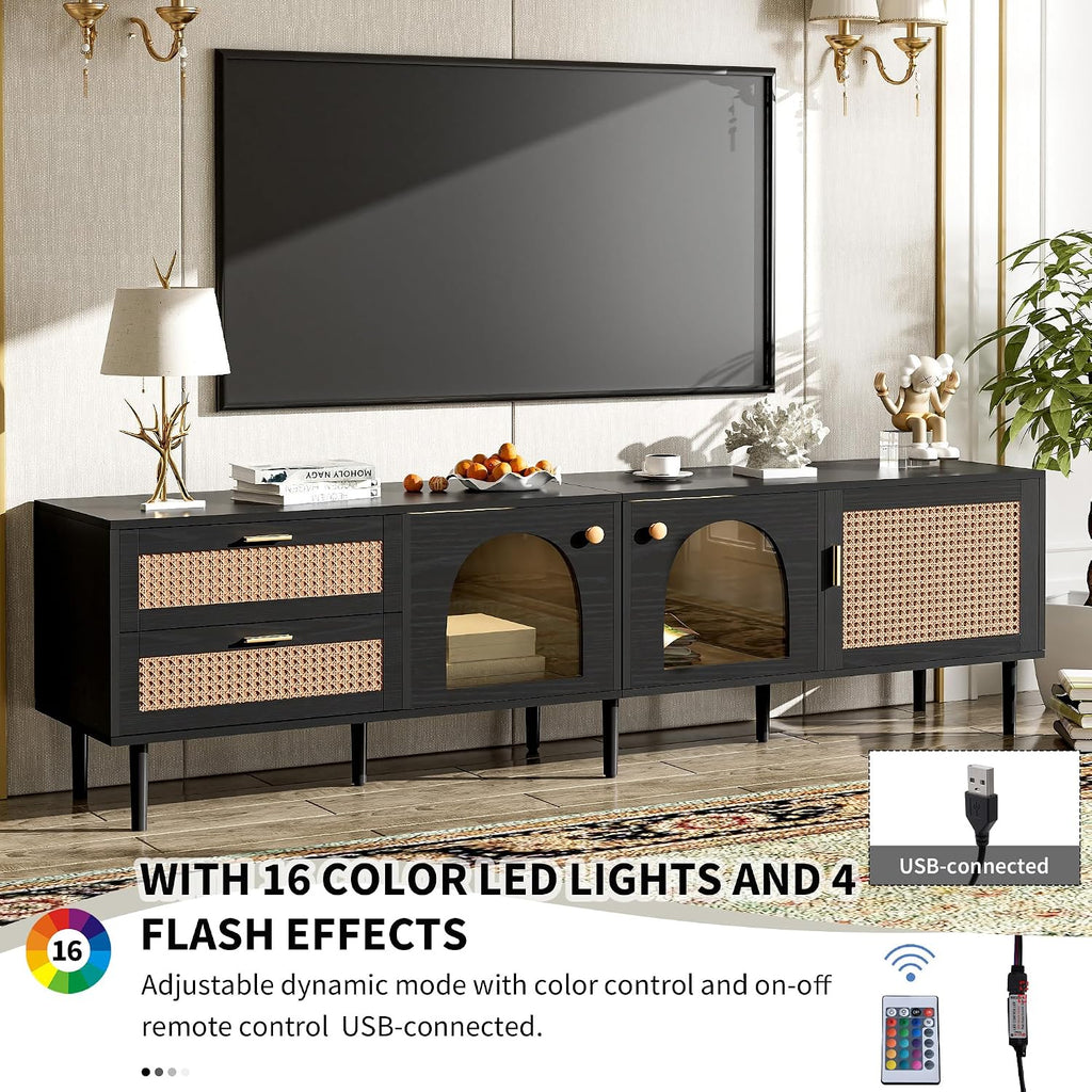 Merax LED TV Stand for TVs up to 80', Boho Entertainment Center with Rattan Decor, Multi-Functional Media Console & 3 Storage Cabinets and 2 Drawers for Living Room, Bedroom, Home Theatre, Black
