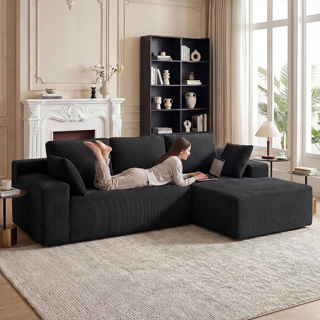 GRUSIGN Cloud Sectional Boneless Couches for Living Room, Modular L Shaped Couch with Deep Seat Oversized Right Facing Chaise, Memory Foam Compressed Spineless 3 Seater Sofa for Apartment, Black