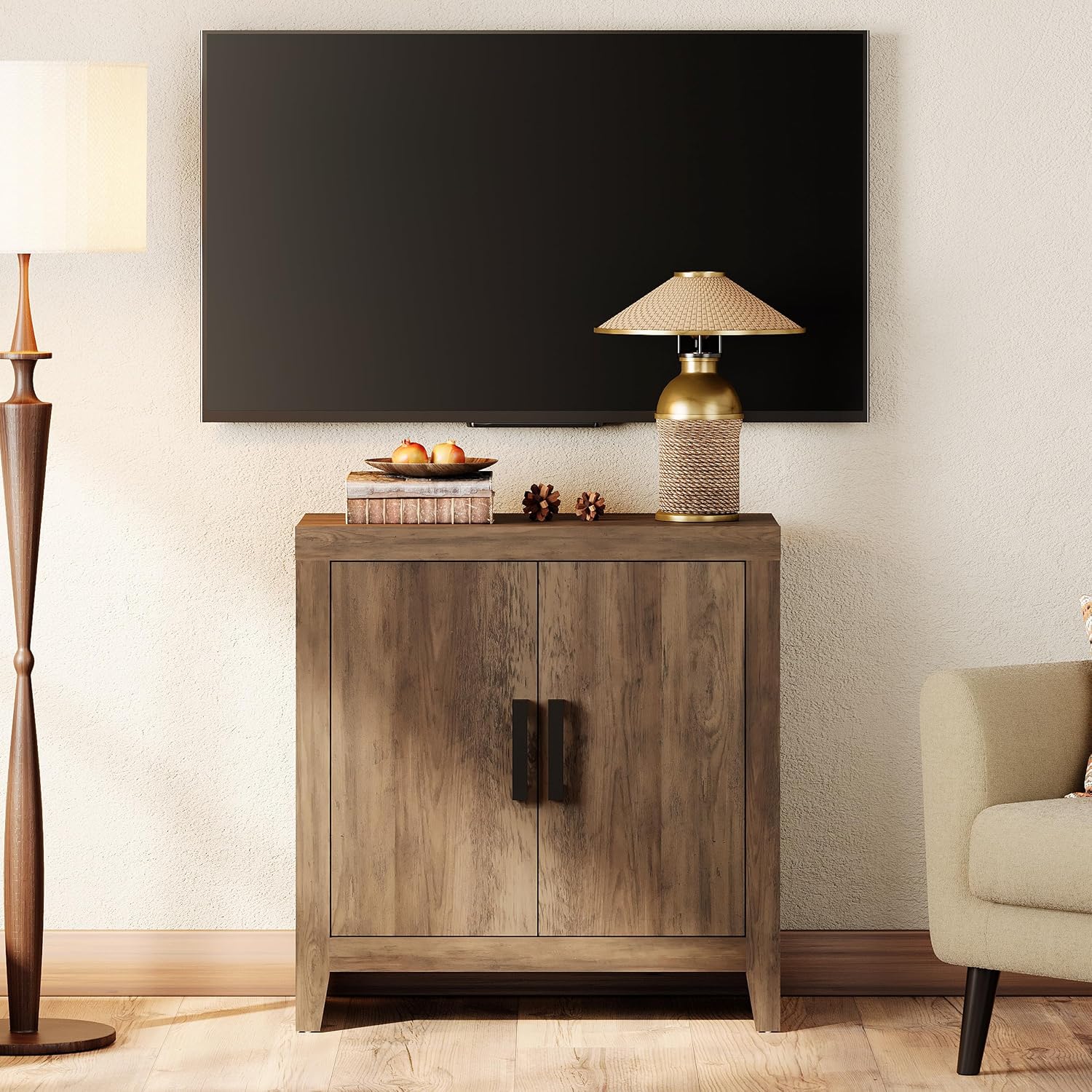 WAMPAT Farmhouse TV Stand with Storage Cabinet for TVs up to 50 Inch, Rustic Entertainment Center with Doors & Shelves, Media Console Table for Living Room, Bedroom, or Office, Brown