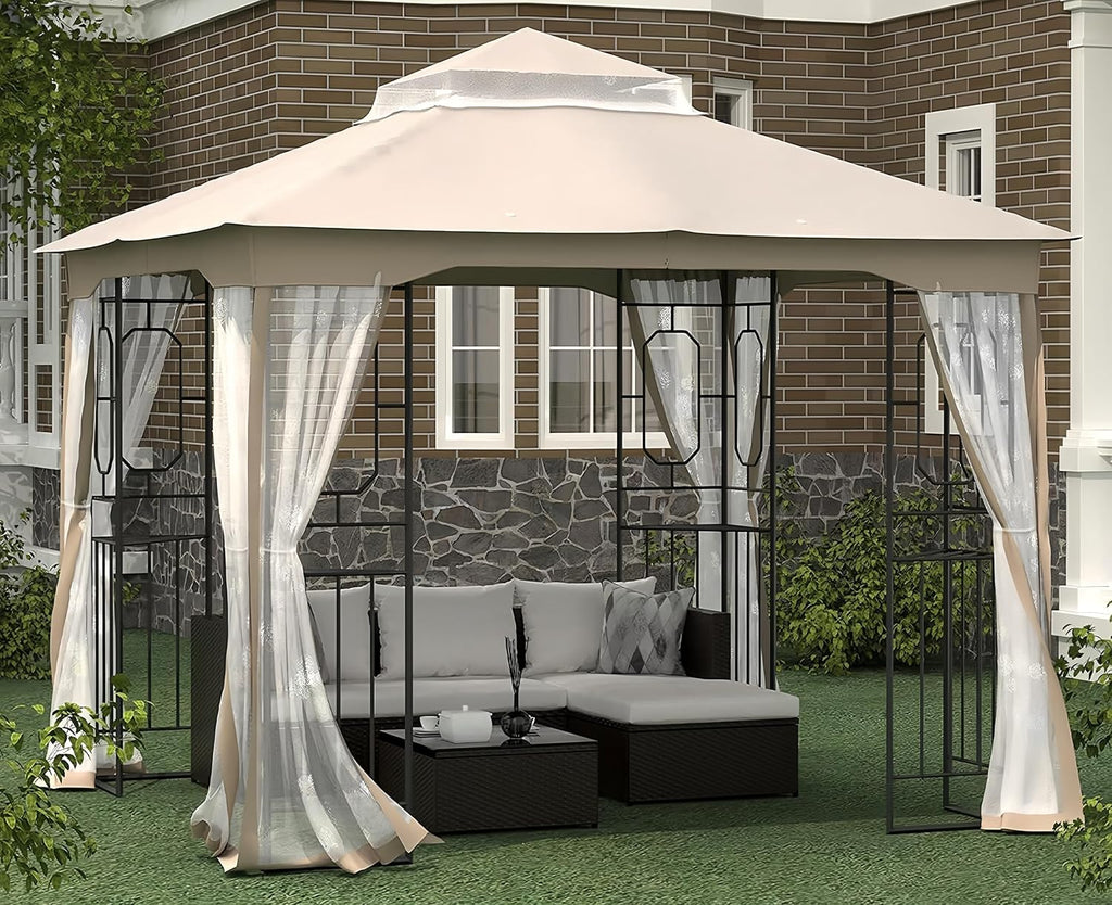 10X10FT Softtop Metal Gazebo with Mosquito Net Sunshade Curtains,Sturdy Heavy Duty Double Roof Canopy,Galvanized Steel Design Outdoor Tent,Suitable for Gardens,Patio,Backyard