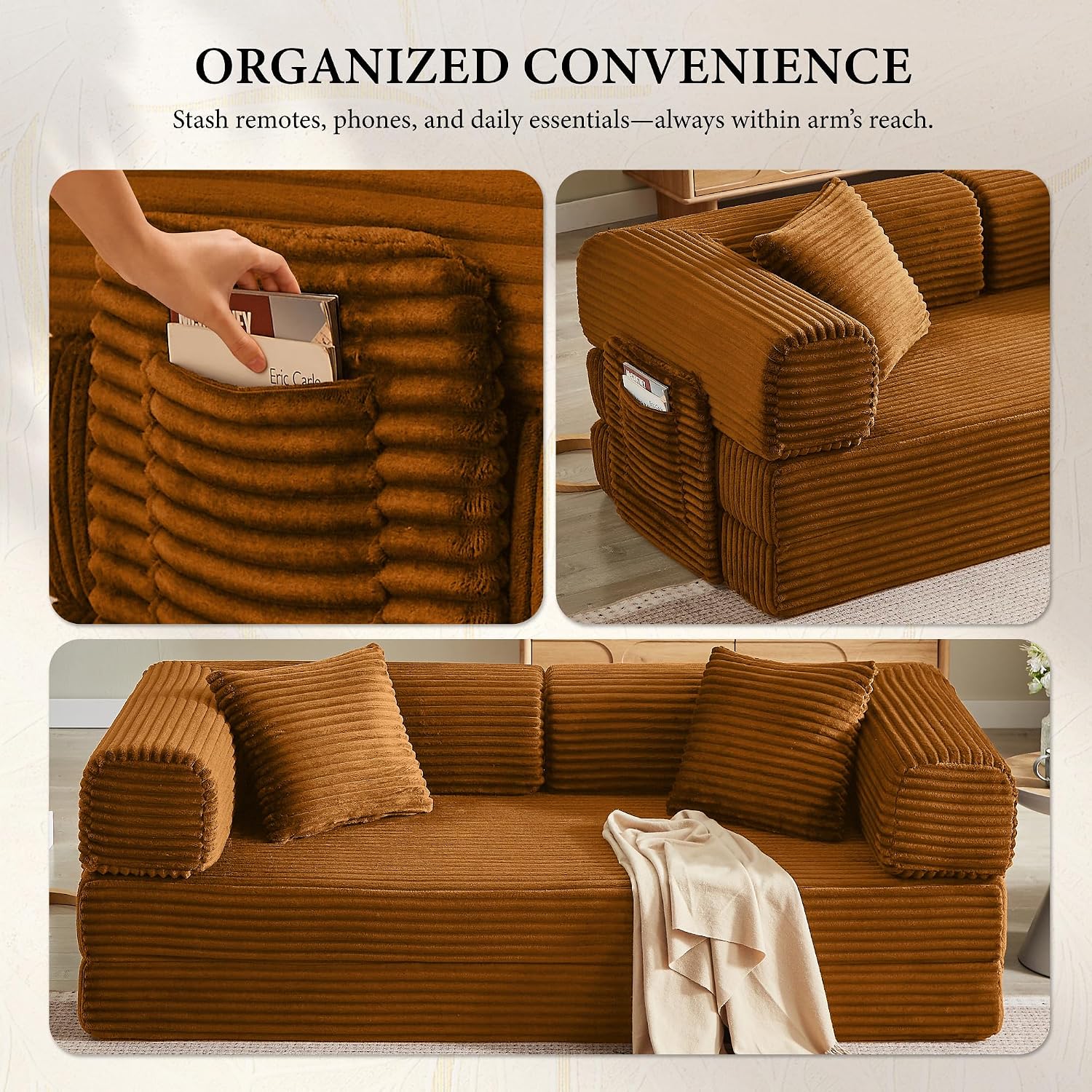 Boneless Couch Futon Sofa Bed Sectional Couches for Living Room,Cloud Couch with Sleeper Sofa,Sofas for Living Room Oversized Corduroy Upholstered (Orange, 81 Inches (with Iron Frame))