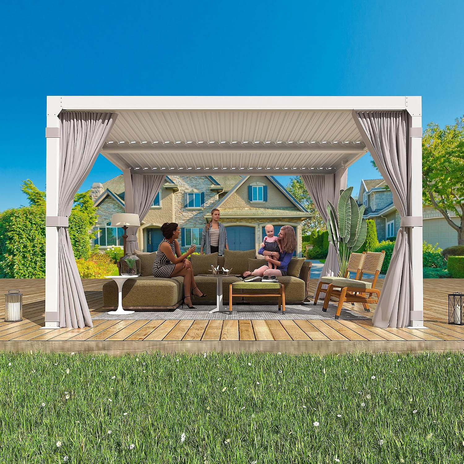 YOLENY Louvered Pergola - 10x10, All Aluminum with Adjustable Rainproof Roof, Outdoor Pergola with Curtains and Nets for Patio & Garden, White