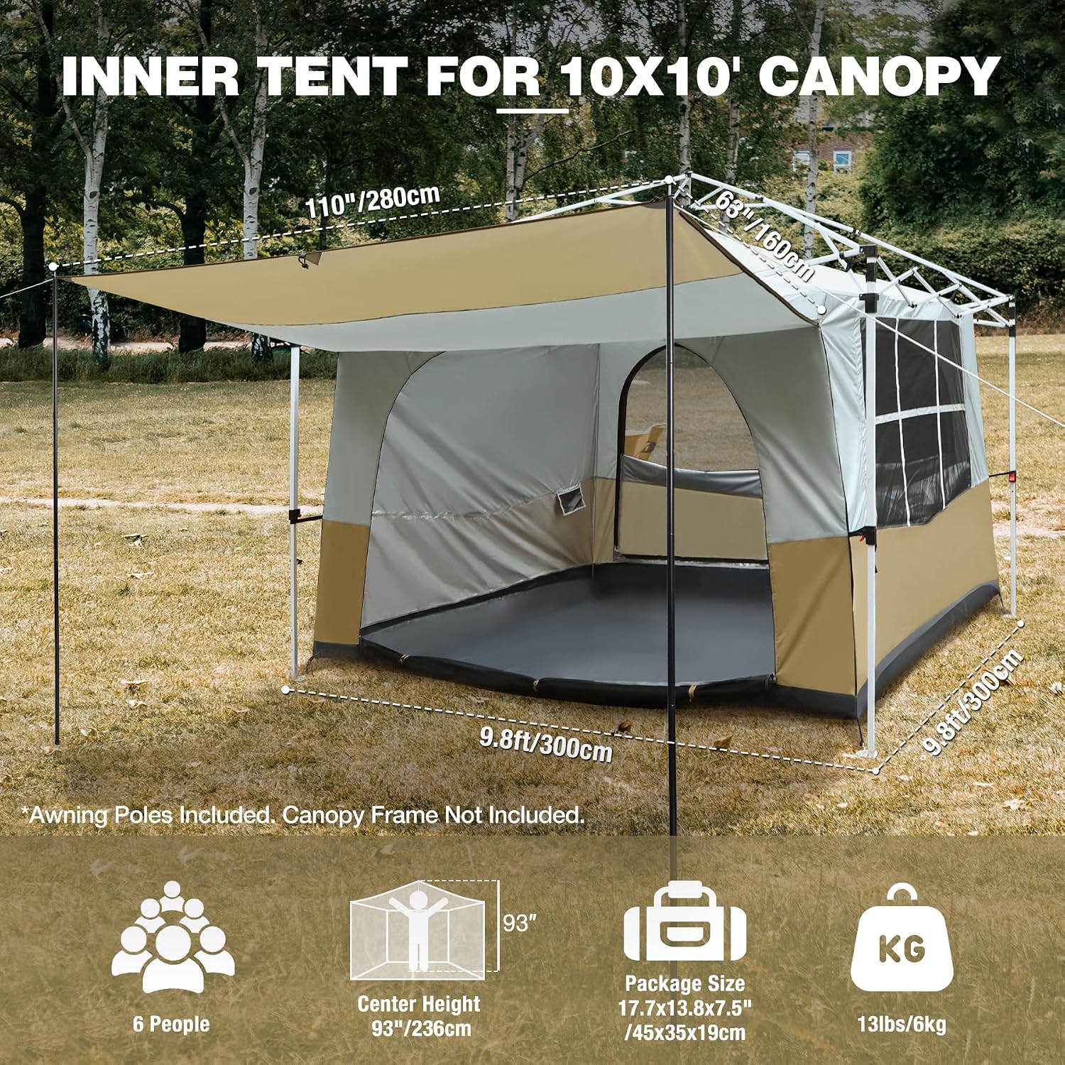 REDCAMP Canopy Camping Tent for Pop Up Canopy Tent, Inner Tent Converts Straight Leg 10'x10' or 10'x20' Canopy into Camping Tent, Fits 4-6 Person(Frame/Shelter NOT Included)