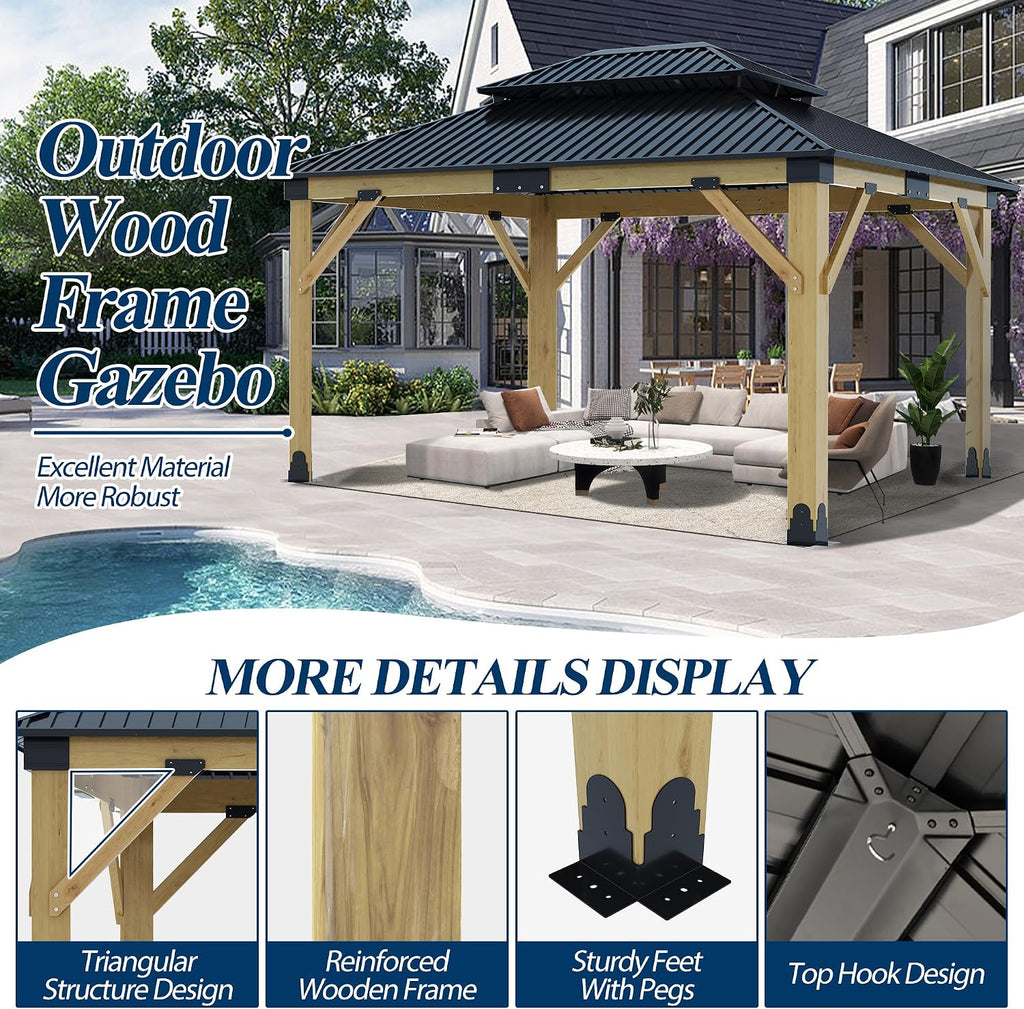 COVERONICS 11FT x 13FT Outdoor Wooden Gazebo - Patio Wood Frame Gazebo with Galvanized Steel Hardtop, Heavy-Duty Hardtop Gazebos for Garden, Poolside, Deck, Backyard