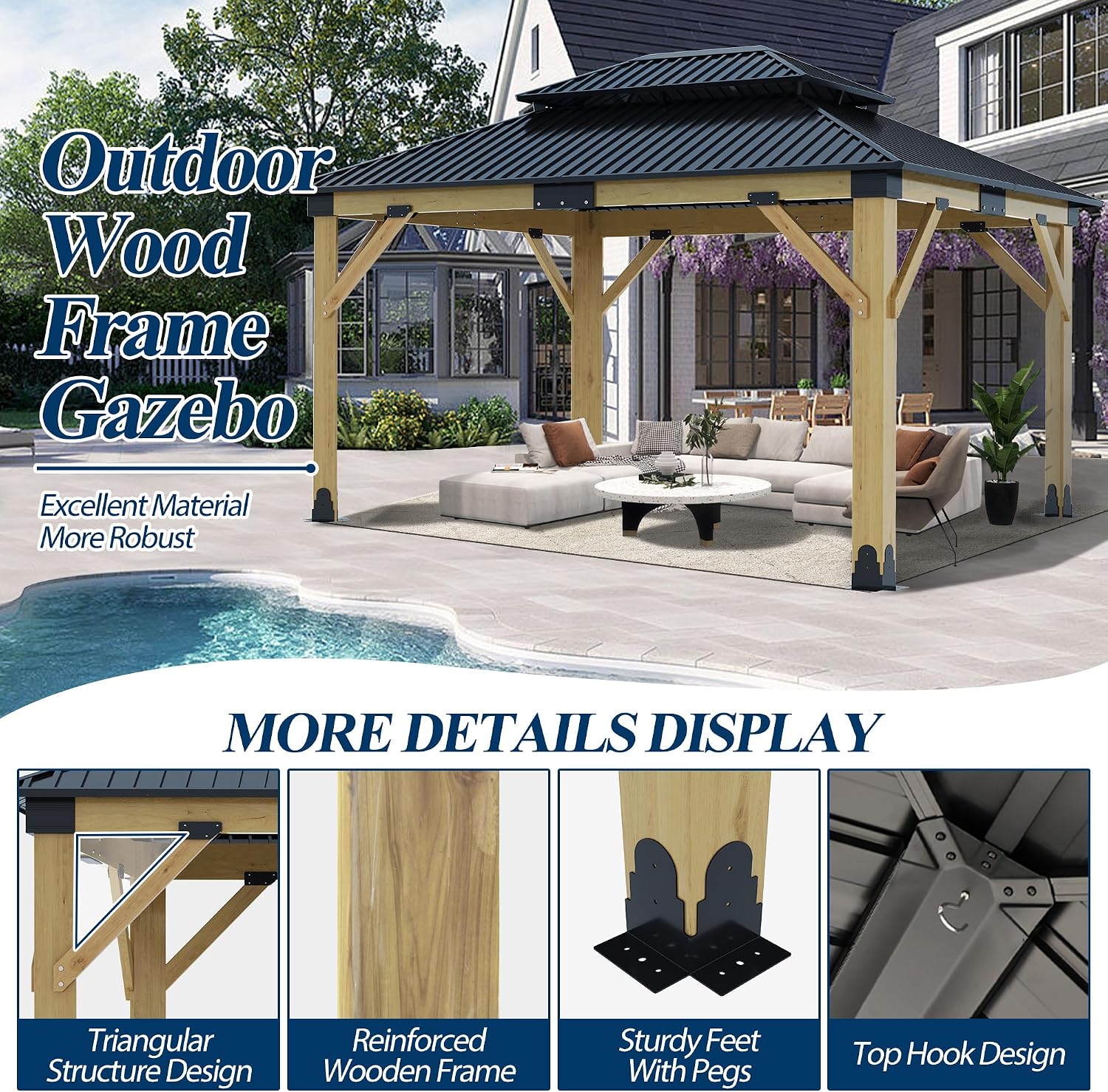 COVERONICS 11FT x 13FT Outdoor Wooden Gazebo - Patio Wood Frame Gazebo with Galvanized Steel Hardtop, Heavy-Duty Hardtop Gazebos for Garden, Poolside, Deck, Backyard
