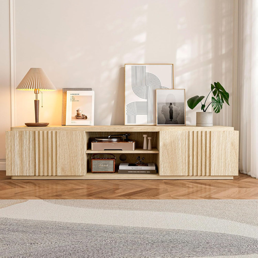 BELLEZE 70' Fluted Media Entertainment Center Console for TVs up to 75', TV Stand Table w/Oversize Drawers and 2-Tier Open Shelves, Wood Storage Cabinet for Living Room-Mint(White Lotus)