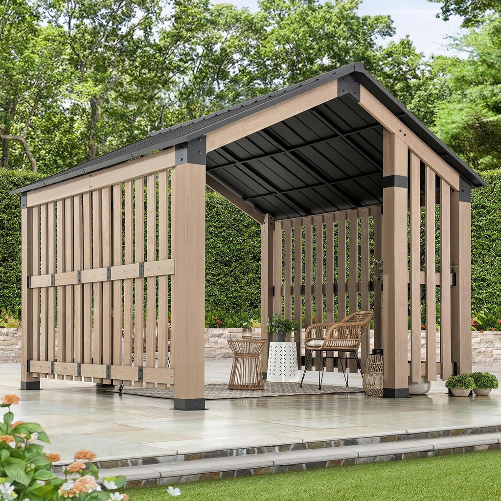 SUNJOY 11x11ft. Cedar Wood Gazebo with Six 5.5x5.5 in. Heavy Posts, Permanent Hard Top Pavilion with Wooden Privacy Screen for Backyard Hot Tub, Ceiling Hook - Outdoor Patio, Matte Black