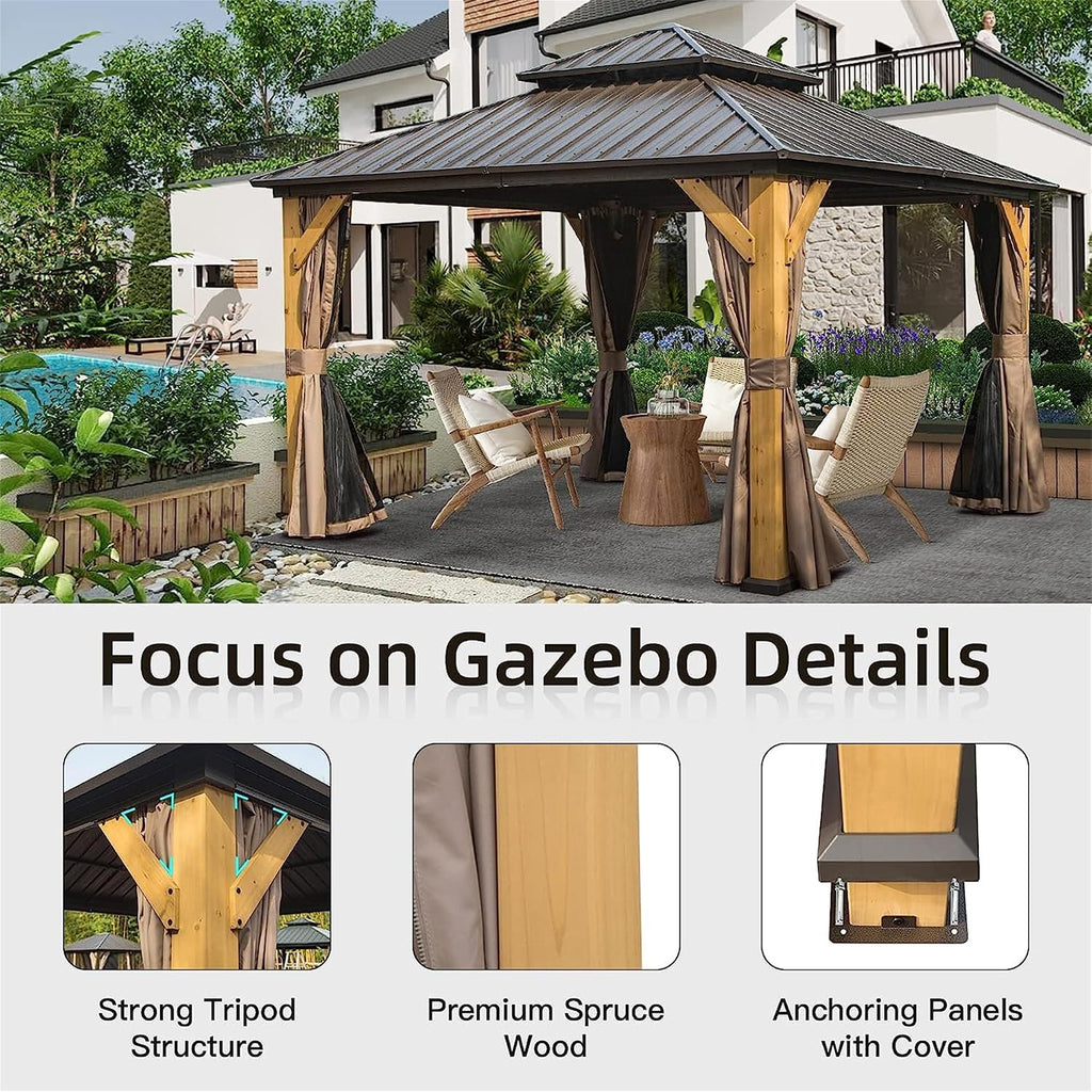12 x 12FT Cedar Wood Frame Hardtop Gazebo with Galvanized Steel Double Roof, Curtains and Netting, Outdoor Wooden Gazebo Pergola for Patio Lawn Backyard