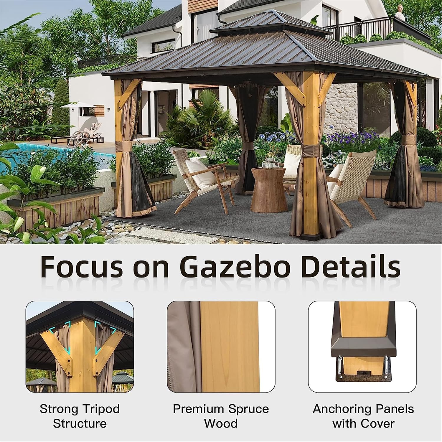 12 x 12FT Cedar Wood Frame Hardtop Gazebo with Galvanized Steel Double Roof, Curtains and Netting, Outdoor Wooden Gazebo Pergola for Patio Lawn Backyard
