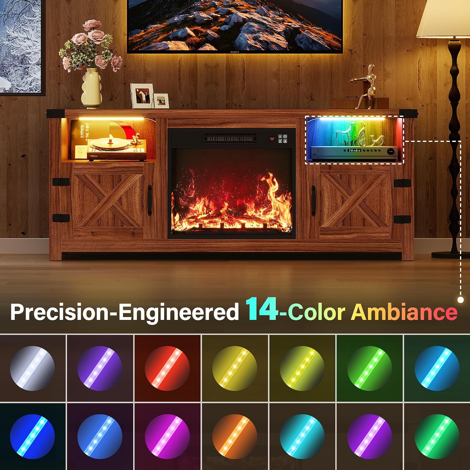 YESHOMY LED Fireplace TV Stand with Mood Lighting, TV Cabinet with Open Shelf, Farmhouse Media Console with Hidden Cable Routing, Entertainment Center for Televisions up to 65+ Inch, Walnut
