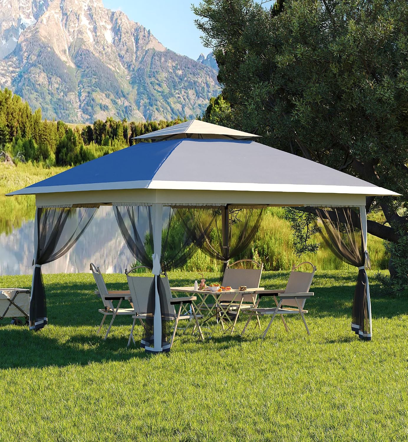 Garvee 13x13 ft Pop Up Gazebo, Canopy Tent with Mosquito Netting, Outdoor Gazebos for Backyard & Patio Furniture - Pop Up Canpy with Wheeled STO-N-Go Cover Bag(Navy Blue+Hemp Grey)