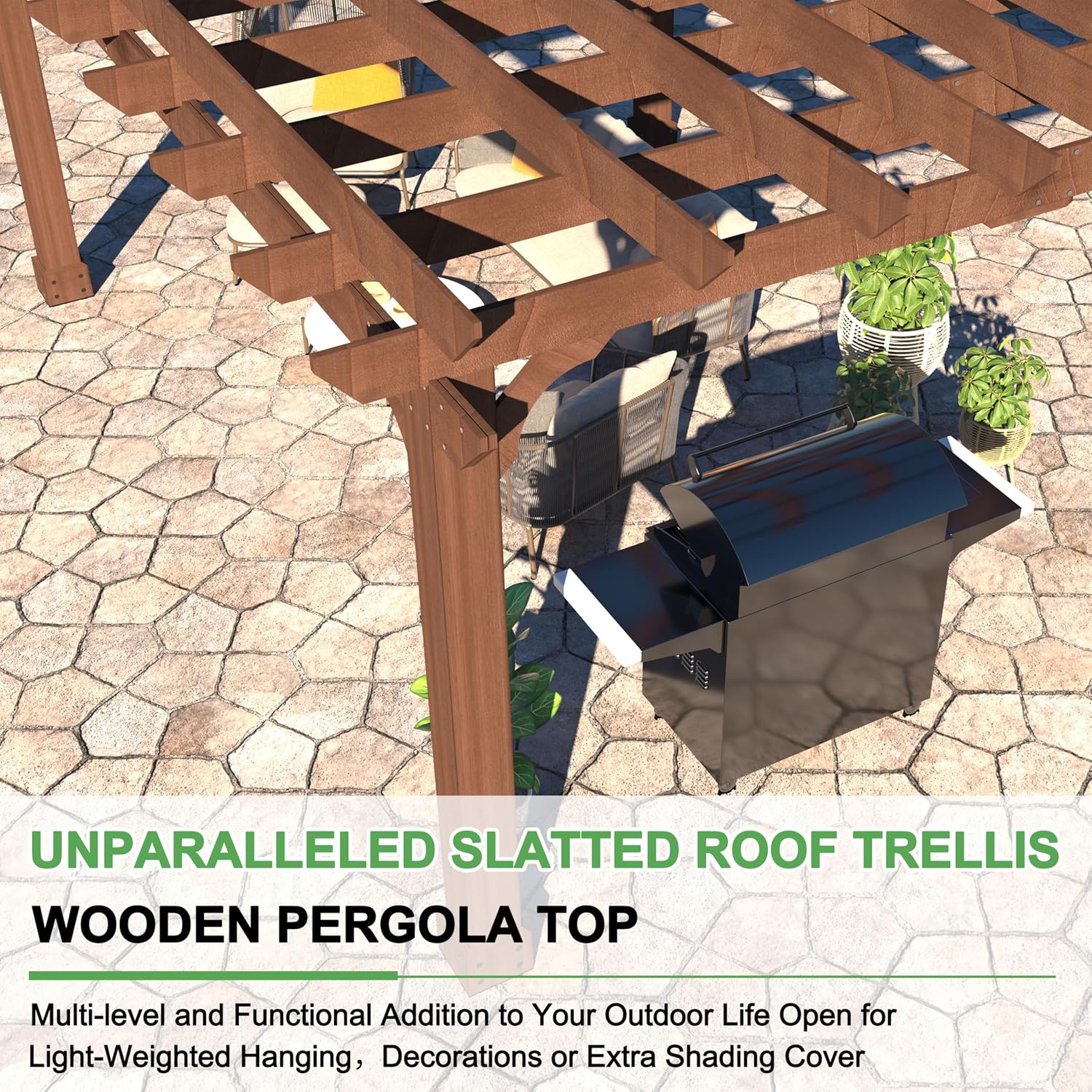 BlueWish 12'x12' Pergola with Solid Cedar Wood Frame, Patio Wood Gazebo Backyard Gazebo Pergola Kits with Slatted Roof Trellis & Stakes for Deck Yard Grill Party Garden