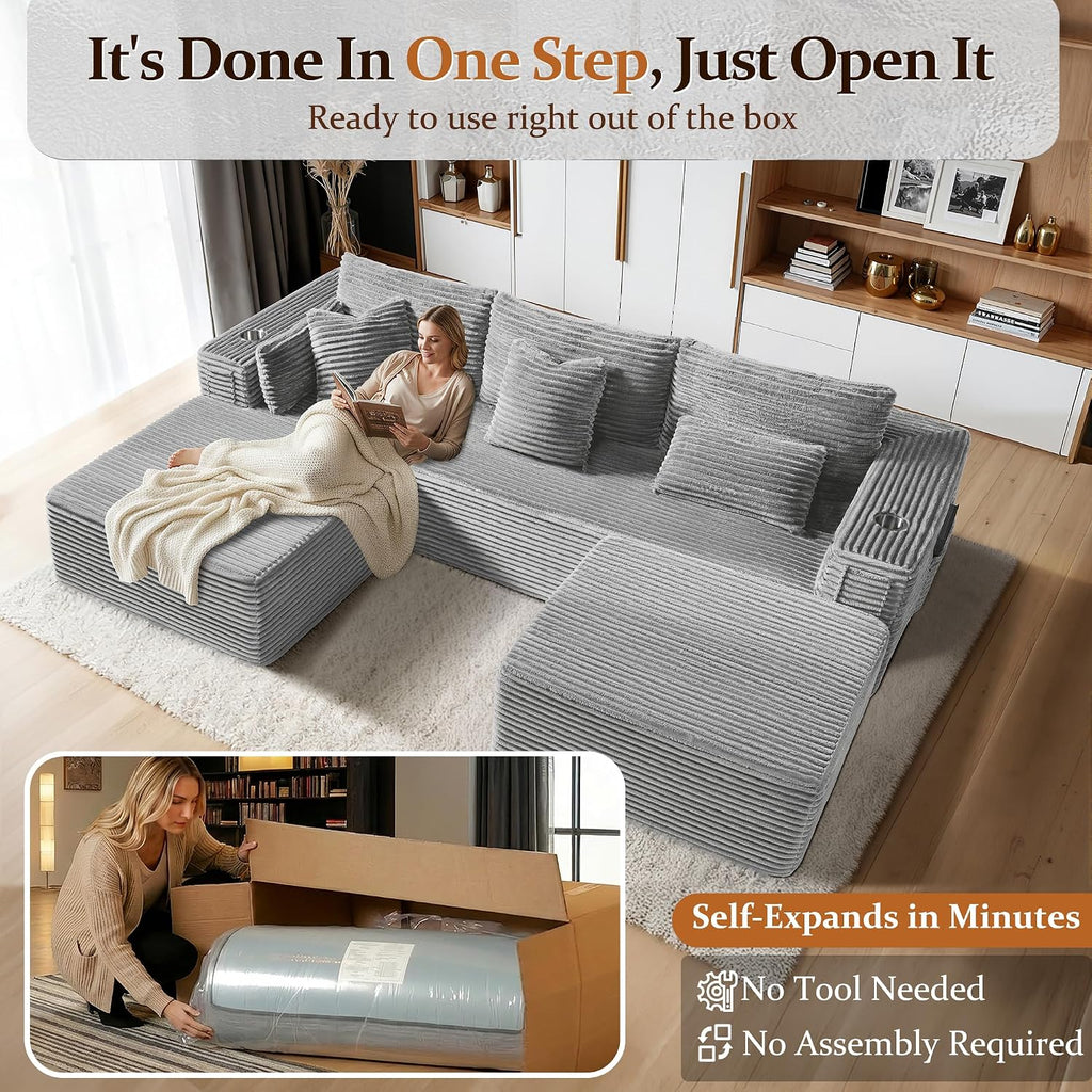 108' Cloud Sectional Couch, Comfort U Shaped Boneless Couch for Living Room, Extra Deep Seats No Assembly, Modular Sofa, Corduroy (Light Grey, 2 Seater+Right Facing Chaise+Ottoman)