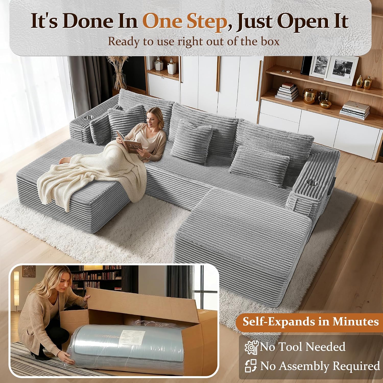 108' Cloud Sectional Couch, Comfort U Shaped Boneless Couch for Living Room, Extra Deep Seats No Assembly, Modular Sofa, Corduroy (Light Grey, 2 Seater+Right Facing Chaise+Ottoman)