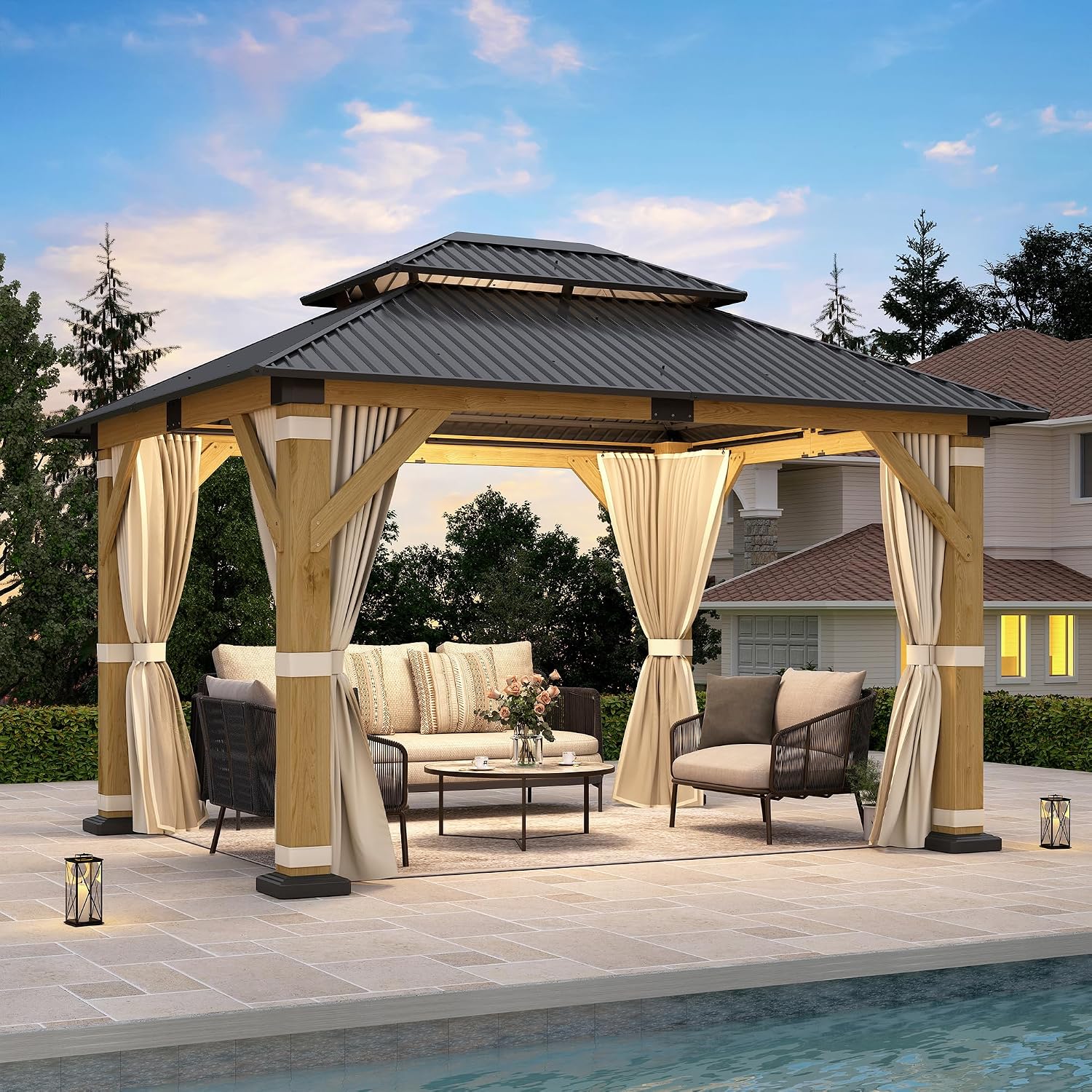 10' x 12' Wood Gazebo,Outdoor Cedar Wood Hardtop Gazebo with Galvanized Steel Doule Roof, Wooden Frame Gazebo with Netting and Curtains for Patio Backyard Deck