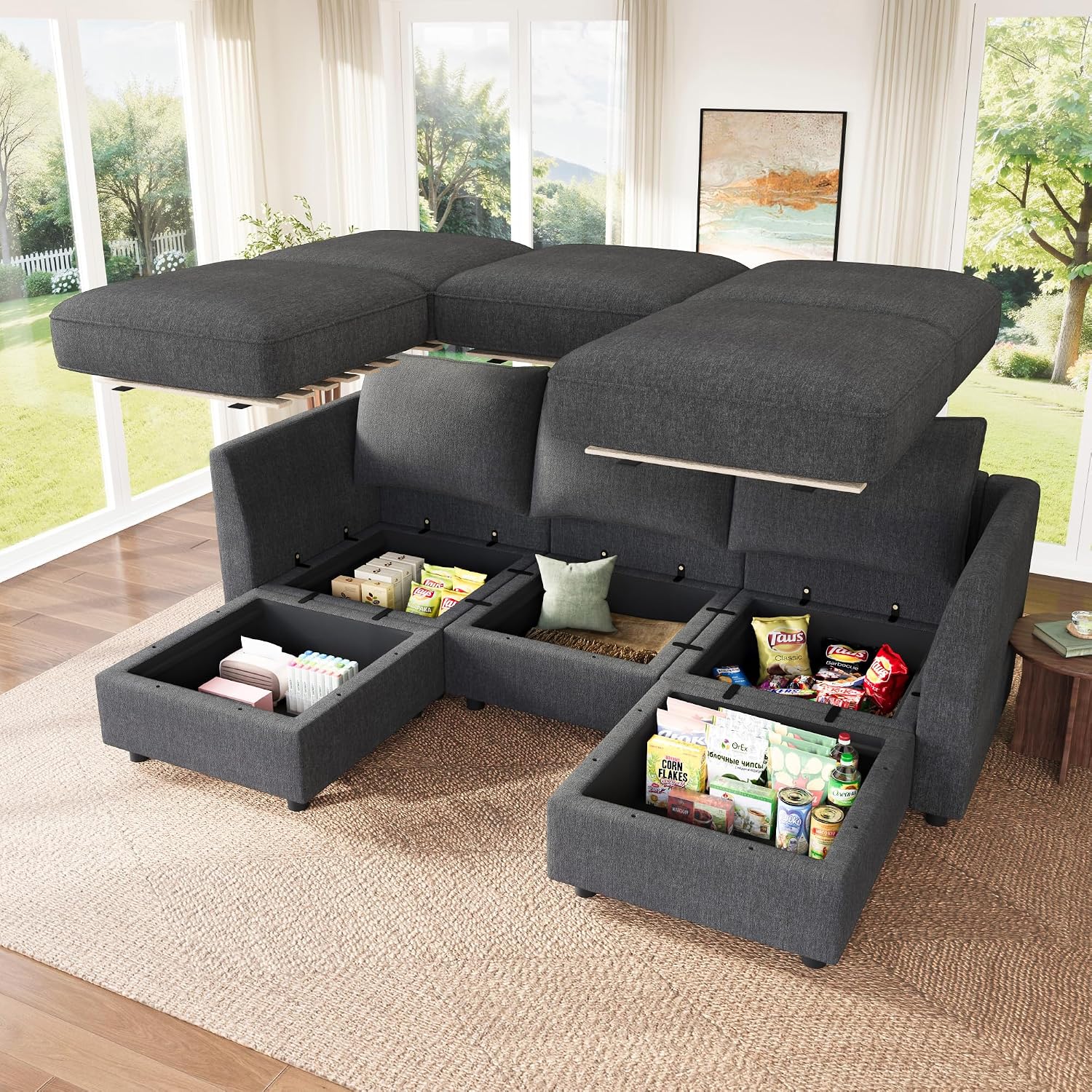 HONBAY Modular Sectional Sofa with Storage U Shaped Sectional Sofa, Convertible Couches for Living Room - Snowflake Velvet Grey