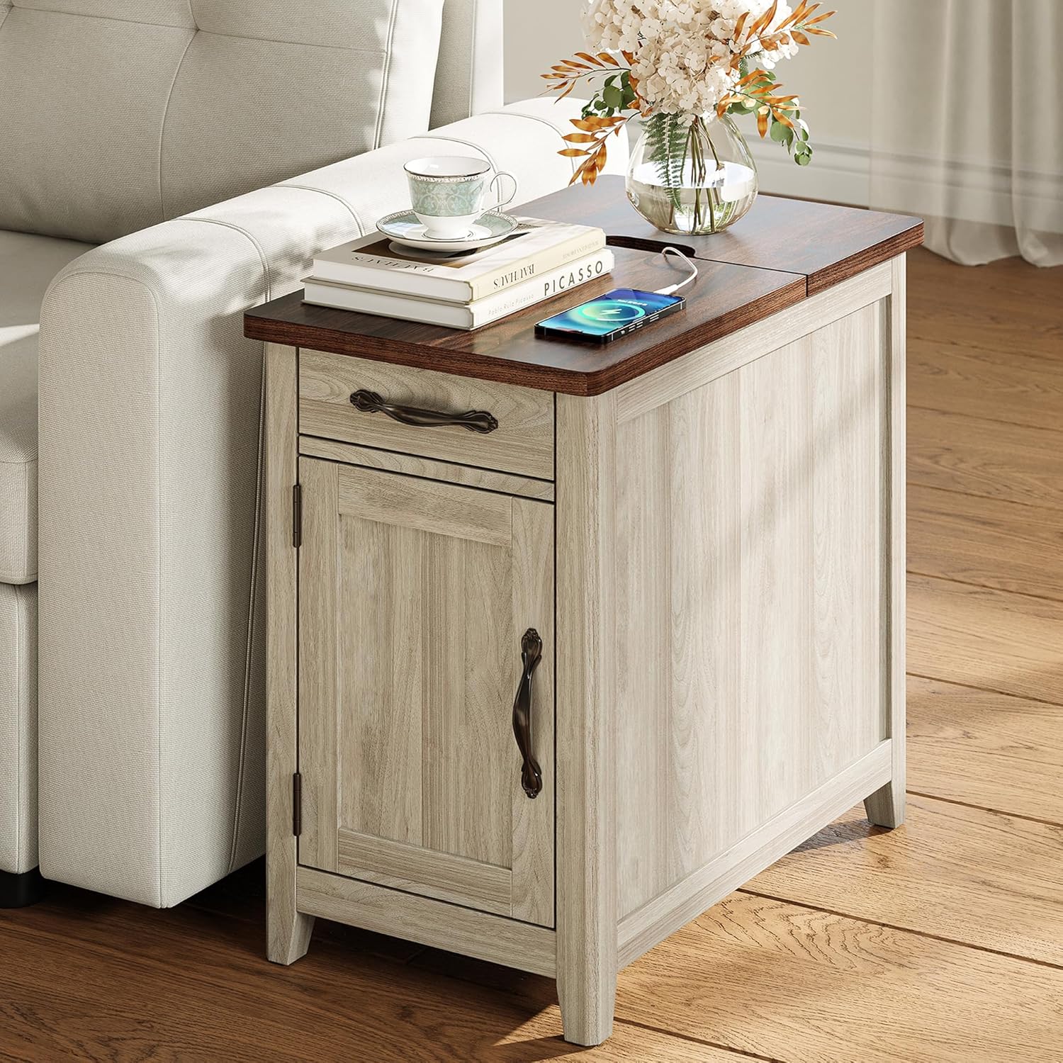 LINSY HOME Farmhouse End Table with Charging Station, Narrow Side Table for Living Room, Sofa Side Table with Drawer and Storage Cabinet, Small Nightstand for Home Office