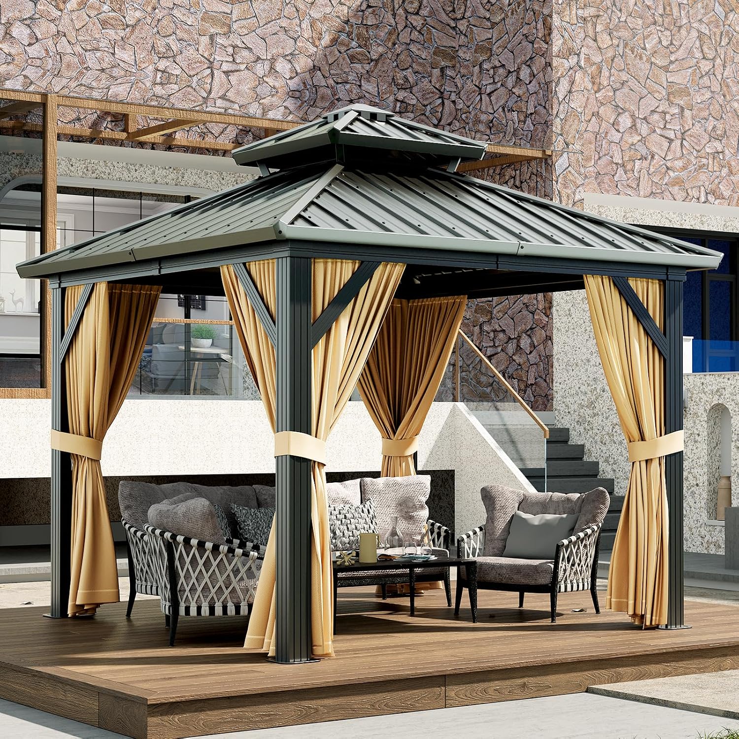 Garvee 10x10 ft Hardtop Gazebo, Outdoor Heavy Duty Galvanized Aluminum Framed Double Roof Pavilion with Netting and Curtains, Waterproof Metal Roof Gazebo for Backyard, Patio, Deck and Poolside, Brown