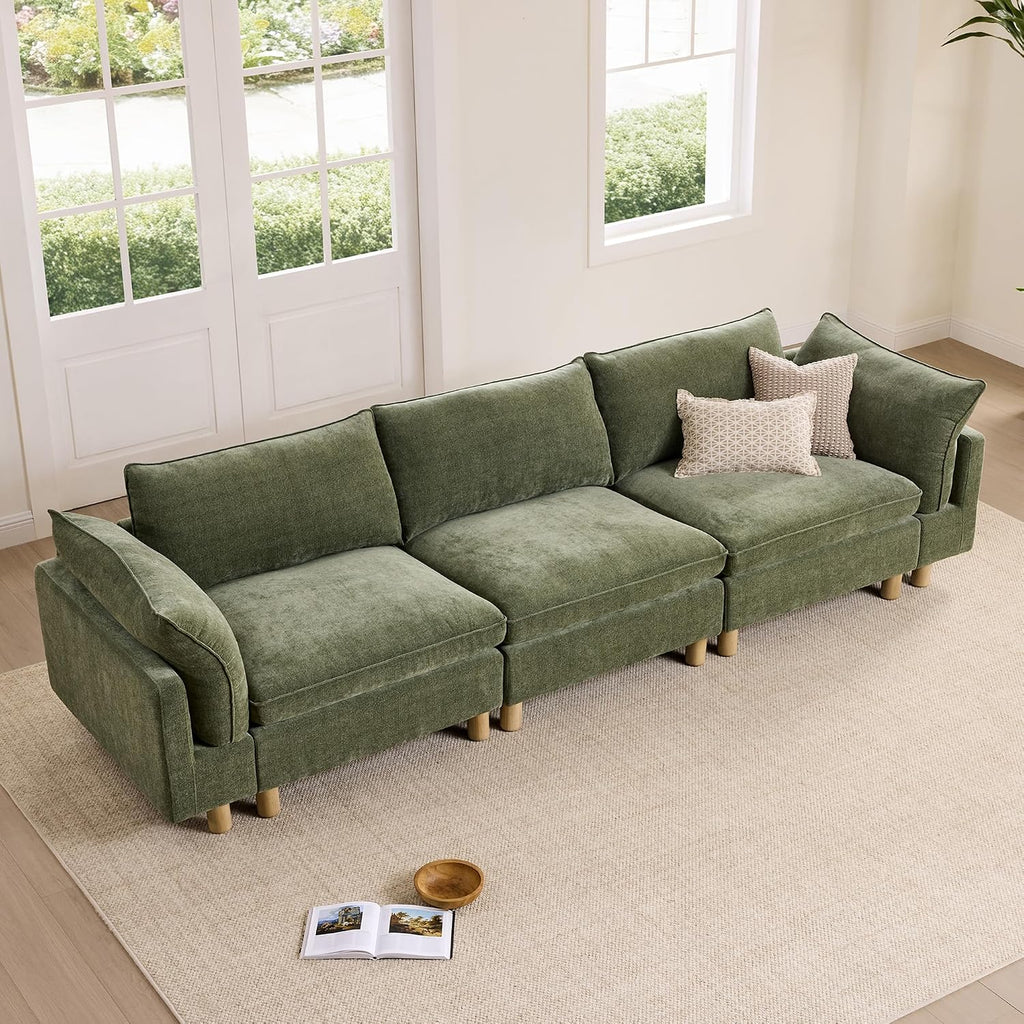 CHITA 127' Super Large Sectional Couches for Living Room, Modular Cloud Couch Sectional Sofa, Premium Fabric Couches, Down Filled, High Density Foam, Chenille in Green, 3 Seater