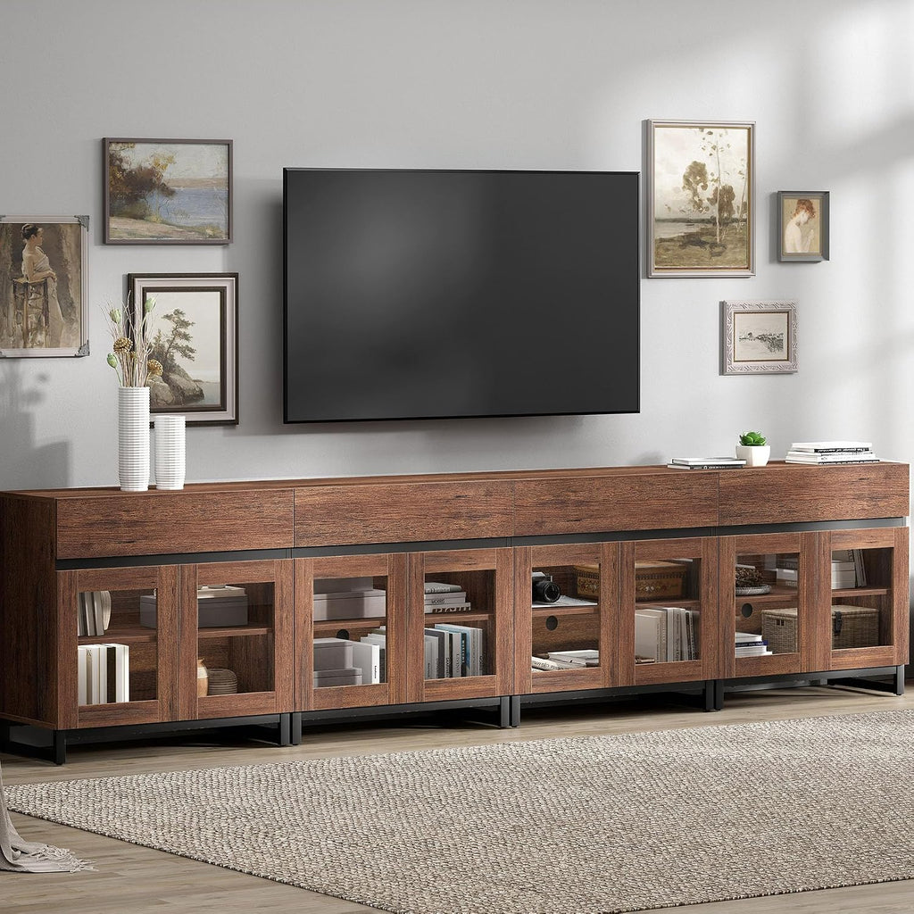 WAMPAT Modern TV Stand with Glass Doors for 80-120 inch TVs, 4 in 1 Entertainment Center Console with 4 Drawers and Metal Base for Living Room, Bedroom, Brown