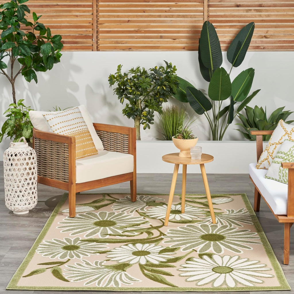 Nourison Home Aloha Ivory Green 6' x 9' Area Rug - Easy Clean, Non Shedding, Bed Room, Living Room, Dining Room, Kitchen (6' x 9')