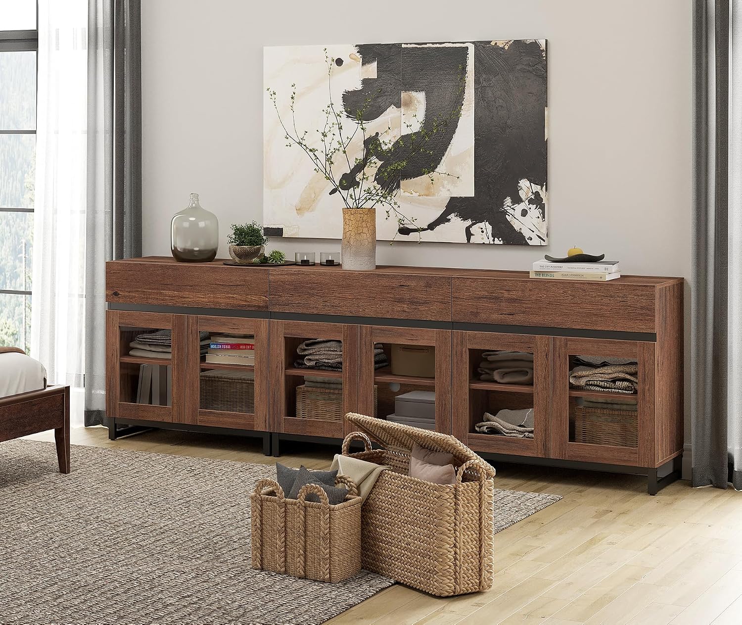 WAMPAT Modern TV Stand with Glass Doors for 70-100 inch TVs, 3 in 1 Entertainment Center Console with 3 Drawers and Metal Base for Living Room, Bedroom, Brown