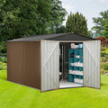 10x10 FT Outdoor Metal Storage Shed, Metal Tool Sheds with Sturdy Frame Structure, Large Garden Storage Shed with Lockable Door for Garden, Lawn, Backyard, Brown