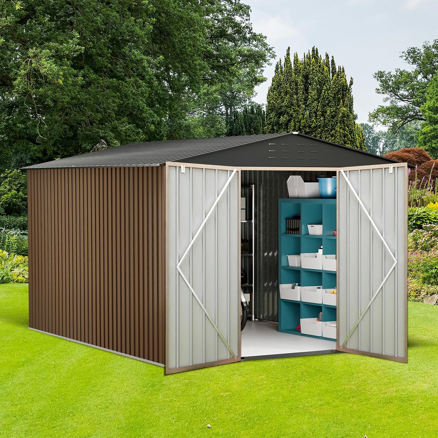 10x10 FT Outdoor Metal Storage Shed, Metal Tool Sheds with Sturdy Frame Structure, Large Garden Storage Shed with Lockable Door for Garden, Lawn, Backyard, Brown