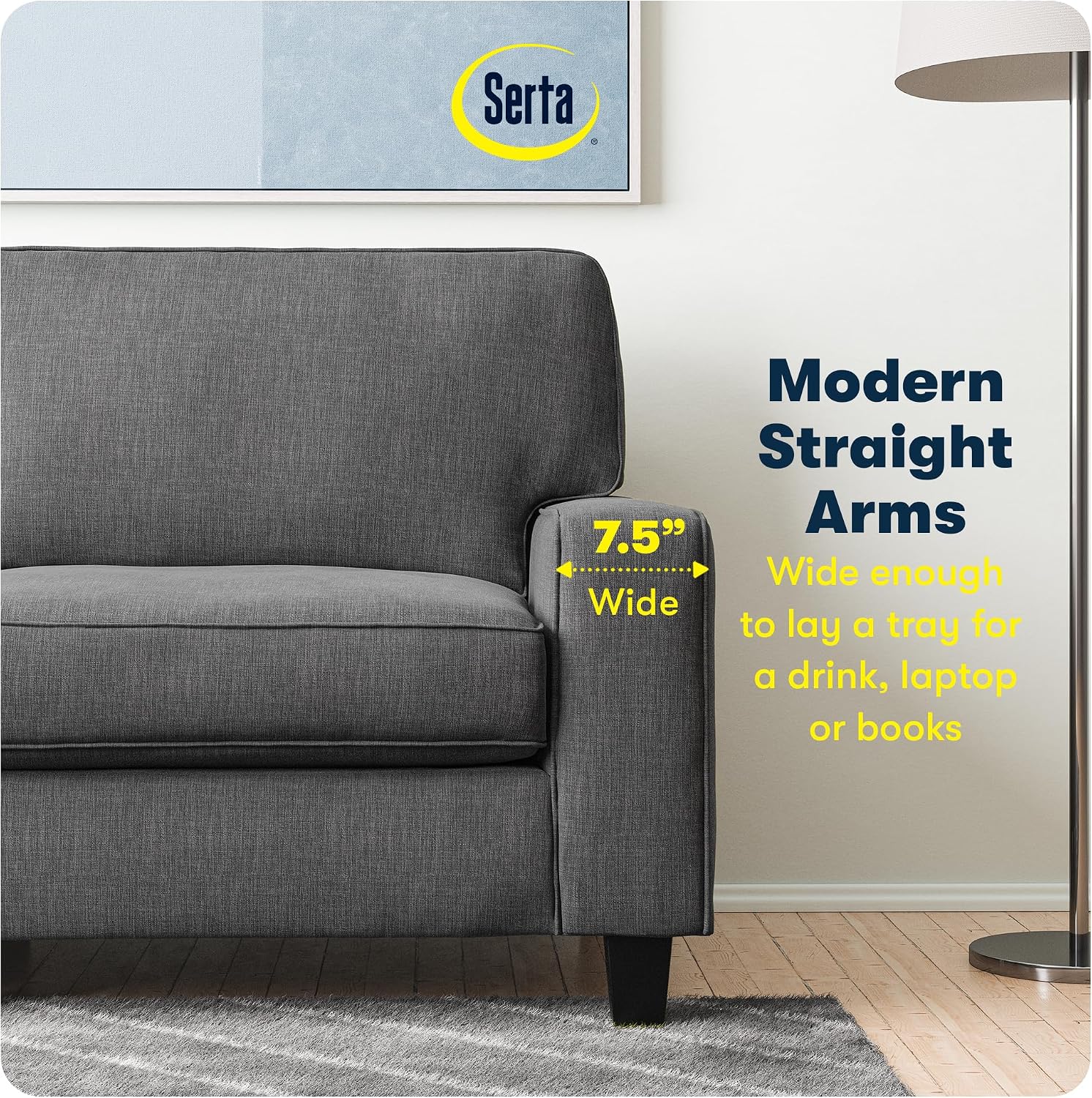Serta Palisades 61' Track Arm Sofa, Easy Care Polyester, Soft Pillow Back, Pocket Coil Seat Cushions, Removable Covers, Loveseat or Couch for Small Spaces, Living Rooms or Bedrooms, Gray