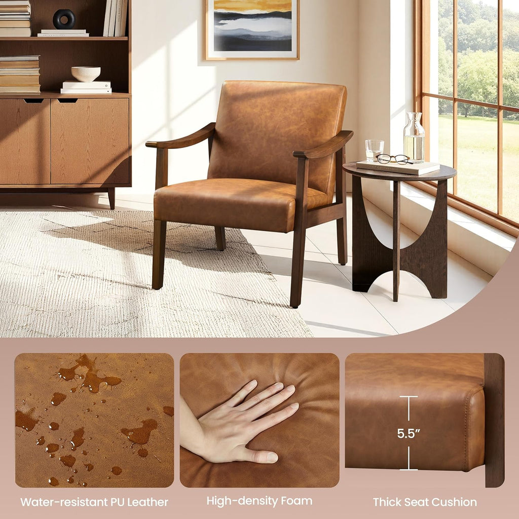 Yaheetech PU Leather Accent Chair, Mid-Century Modern Armchair with Solid Wood Legs, Reading Leisure Chair with High Back for Living Room Bedroom Waiting Room, Set of 2, Brown